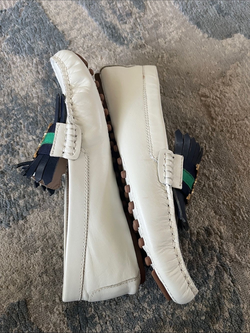 Tory Burch Cream Leather Loafers with Navy Kiltie and Green Stripe - Picture 5 of 7